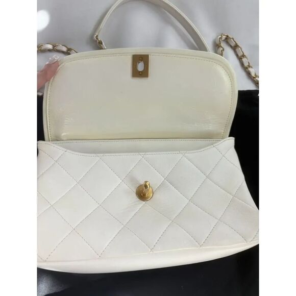 Chanel Timeless Classique Top Handle Leather Bag Quilted Flap White Cream Gold - Picture 12 of 15